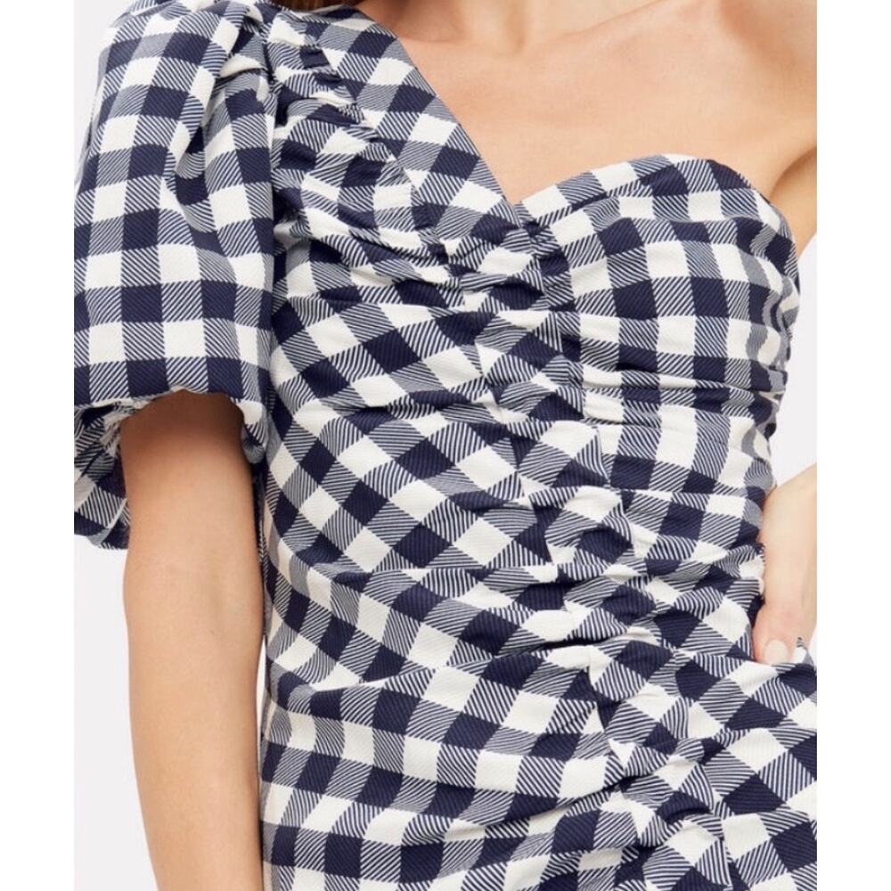 JONATHAN SIMKHAI Lux Twill One Sleeve Dress Midnight Blue Gingham Size 8 Preppy - Picture 5 of 14